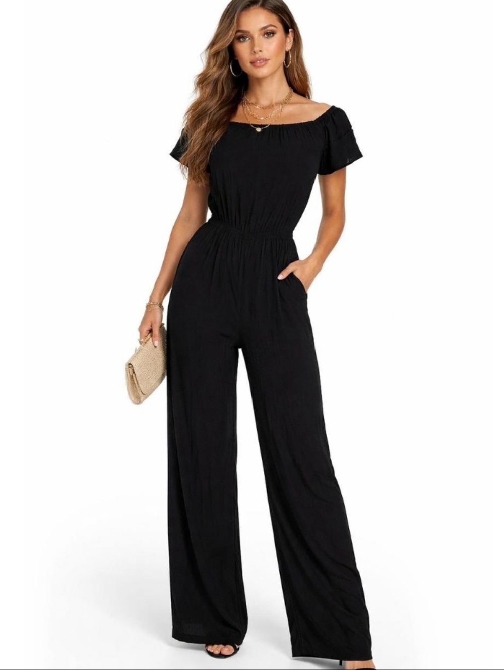 Charles Henry Black Off-Shoulder Jumpsuit Small